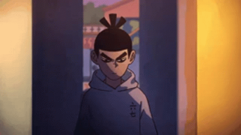 A Cartoon Character With A Ponytail Is Standing In A Doorway . GIF