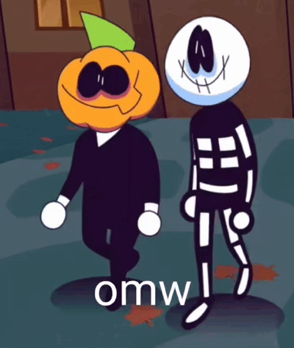 A Cartoon Character With A Pumpkin Head And A Skeleton Head GIF