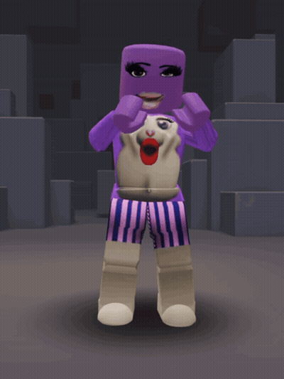 A Cartoon Character With A Purple Face And Striped Pants GIF