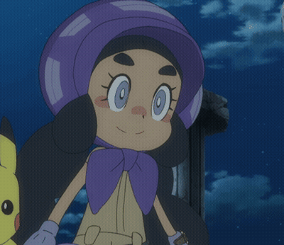 A Cartoon Character With A Purple Hat And A Purple Scarf Around Her Neck GIF