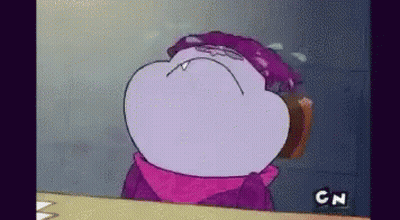 A Cartoon Character With A Purple Hat And A Scarf Is Standing In Front Of A Cn Logo . GIF