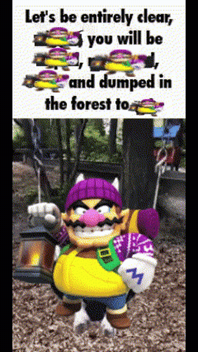 A Cartoon Character With A Purple Hat And A Yellow Apron Is Standing In The Woods Holding A Lantern . GIF