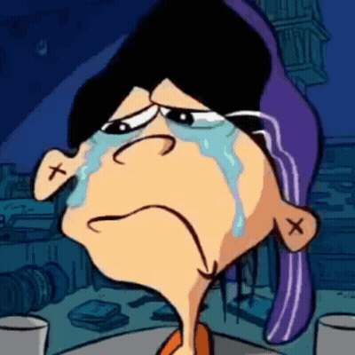 A Cartoon Character With A Purple Hat Is Crying With Tears Coming Out Of His Eyes GIF