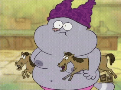 A Cartoon Character With A Purple Hat Is Holding Two Horses And Says Cn On The Bottom GIF