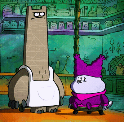 A Cartoon Character With A Purple Hat Is Standing Next To Another Cartoon Character GIF