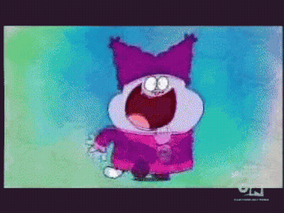 A Cartoon Character With A Purple Hat Is Standing On A Green Background GIF