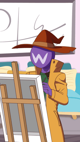 A Cartoon Character With A Purple Head And A White W On It GIF