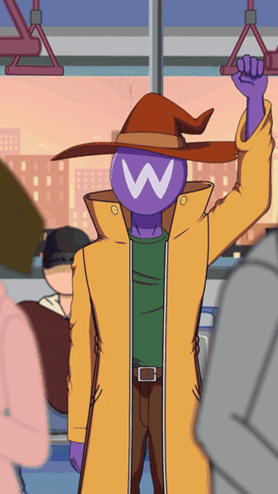 A Cartoon Character With A Purple Head And The Letter W On It GIF