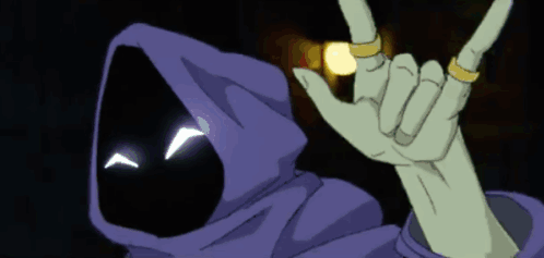 A Cartoon Character With A Purple Hood And Rings On His Fingers GIF