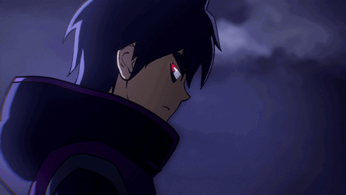 A Cartoon Character With A Purple Hoodie And Red Eyes GIF