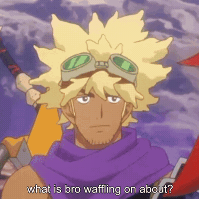 A Cartoon Character With A Purple Scarf Around His Neck Says What Is Bro Waffling On About GIF
