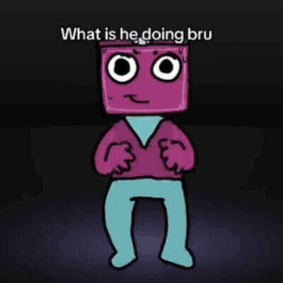 A Cartoon Character With A Purple Shirt And Blue Pants Says What Is He Doing Bru . GIF