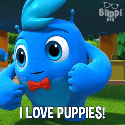 A Cartoon Character With A Red Bow Tie Says " I Love Puppies " GIF