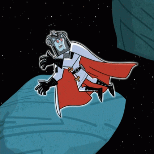 A Cartoon Character With A Red Cape And A Cross On His Belt Is Flying Through Space GIF