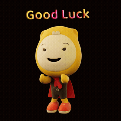 A Cartoon Character With A Red Cape And The Words Good Luck Above Him GIF