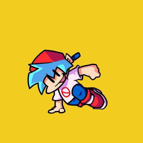 A Cartoon Character With A Red Hat And Blue Hair Is Kneeling On A Yellow Background GIF