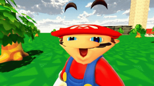 A Cartoon Character With A Red Hat And Blue Overalls Is Standing In A Field GIF