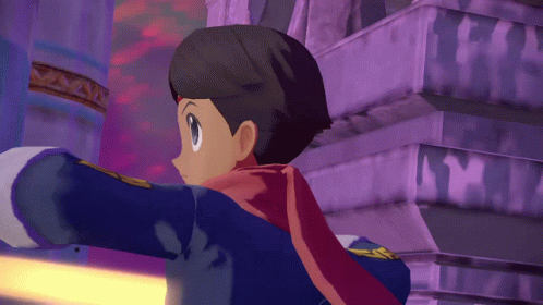 A Cartoon Character With A Red Scarf Around His Neck Is Standing In Front Of A Purple Wall GIF