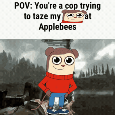 A Cartoon Character With A Red Sweater Says " You 'Re A Cop Trying To Taze My Applebees " GIF