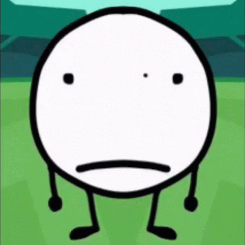 A Cartoon Character With A Sad Face And Arms And Legs Is Standing On A Green Field . GIF