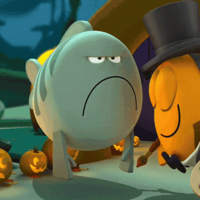 A Cartoon Character With A Sad Face Standing Next To Another Character GIF