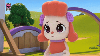 A Cartoon Character With A Sad Look On Her Face Is Standing In A Grassy Field GIF