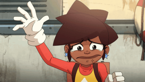 A Cartoon Character With A Sad Look On Her Face Waves Her Hand GIF