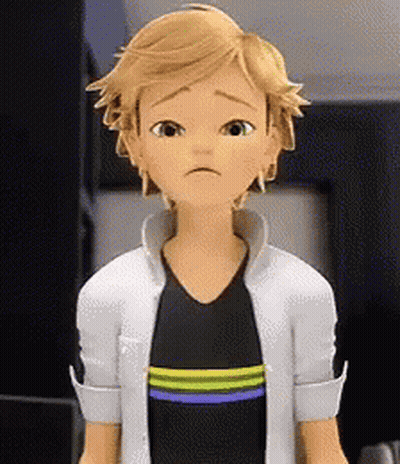 A Cartoon Character With A Sad Look On His Face Is Wearing A White Jacket And A Black Shirt . GIF