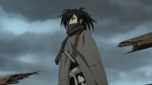 A Cartoon Character With A Scarf Around His Neck And A Sword GIF