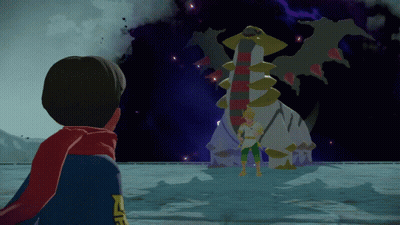 A Cartoon Character With A Scarf Around His Neck Stands In Front Of A Large Monster GIF