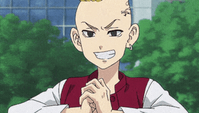 A Cartoon Character With A Shaved Head And A Tattoo On His Forehead Is Smiling With His Hands Folded . GIF