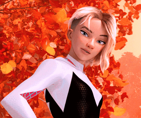 A Cartoon Character With A Shaved Head Stands In Front Of A Tree With Red Leaves GIF