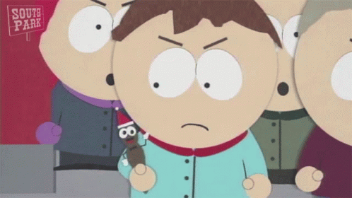 A Cartoon Character With A Sign That Says South Park Behind Him GIF