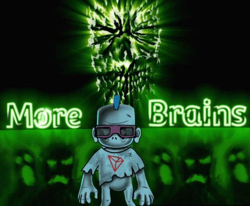 A Cartoon Character With A Skull And The Words More Brains GIF