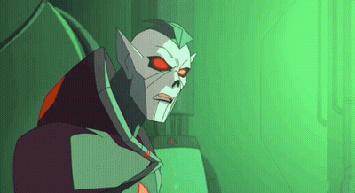 A Cartoon Character With A Skull On His Head And Red Eyes GIF