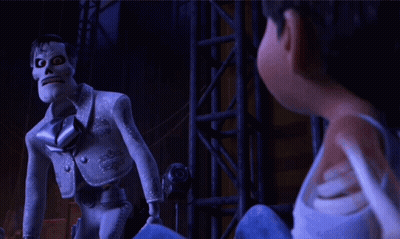 A Cartoon Character With A Skull On His Head Is Standing Next To Another Cartoon Character GIF