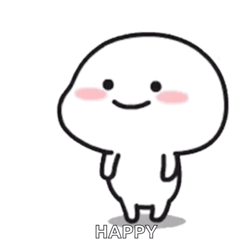 A Cartoon Character With A Smile On His Face And The Words `` Happy '' Written On It . GIF