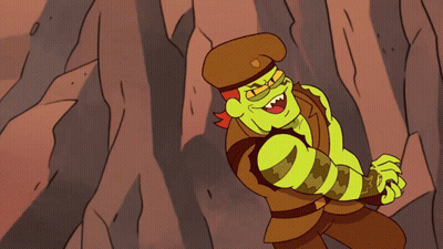 A Cartoon Character With A Snake Around His Arm Is Holding A Gun GIF