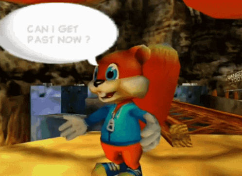 A Cartoon Character With A Speech Bubble Saying Can I Get Past Now GIF
