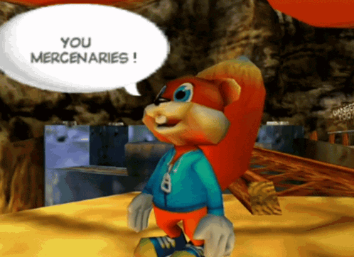 A Cartoon Character With A Speech Bubble Saying You Mercenaries GIF