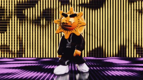 A Cartoon Character With A Sun On His Head Is Standing In Front Of A Purple And Yellow Background GIF
