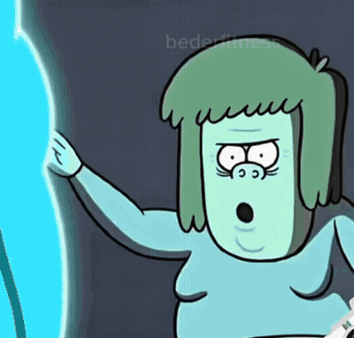 A Cartoon Character With A Surprised Look On His Face Is Standing In Front Of A Blue Background That Says Bederfitness GIF