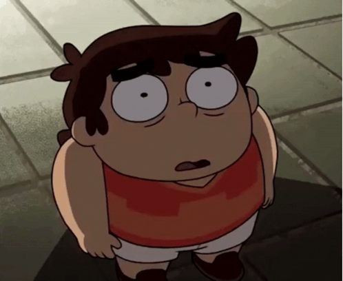 A Cartoon Character With A Surprised Look On His Face Is Wearing Shorts And A Red Shirt GIF