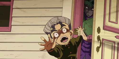 A Cartoon Character With A Surprised Look On His Face Stands In Front Of A Door GIF