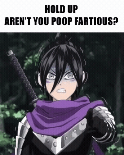 A Cartoon Character With A Sword And A Purple Scarf Says Hold Up Aren 'T You Poop Fartious GIF