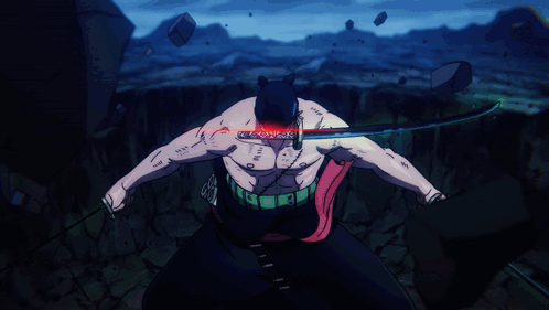 A Cartoon Character With A Sword In His Mouth Has Red Eyes GIF