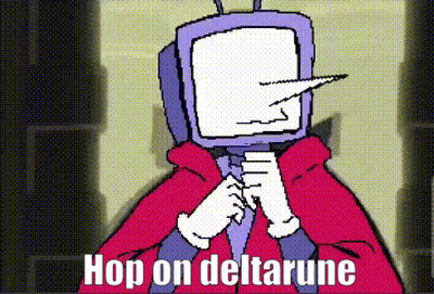 A Cartoon Character With A Television Head And The Words `` Hop On Deltarune '' Written On It . GIF