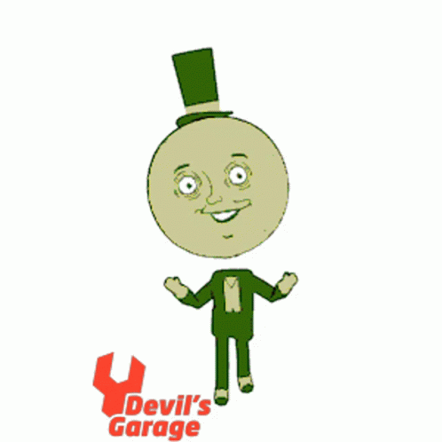 A Cartoon Character With A Top Hat And Devil 'S Garage Logo GIF