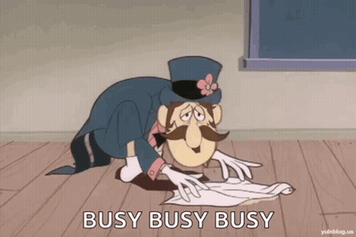 A Cartoon Character With A Top Hat And Mustache Is Cleaning The Floor With The Words Busy Busy Busy Below Him GIF