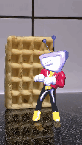 A Cartoon Character With A Tv Head Standing Next To A Waffle GIF